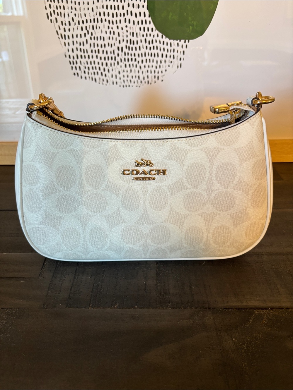 Coach white Signature Jacquard Mini Shoulder Bag with Gold Hardware
